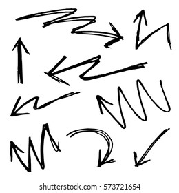 Hand drawn arrow set collection of black direction pencil sketch symbols, vector illustration graphic design