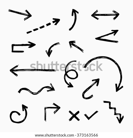 Hand drawn arrow set, collection of black direction pencil sketch symbols, vector illustration graphic design elements