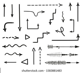 Hand drawn arrow. Set of different abstract arrows. Black and white illustration