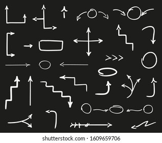 Hand drawn arrow. Set of different arrows. Black and white illustration