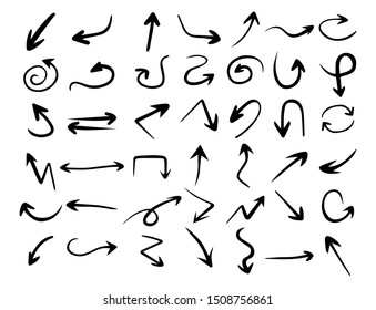Hand drawn arrow set, direction pencil draw arrows. Vector illustration