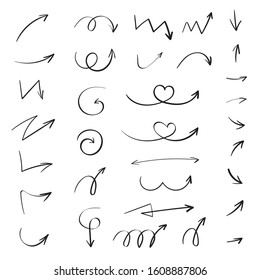 Hand drawn arrow set. Doodle arrows for concept design. Vector elements collection