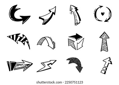 conjunto de flecha dibujado a mano. Ilustración del vector Doodle.
