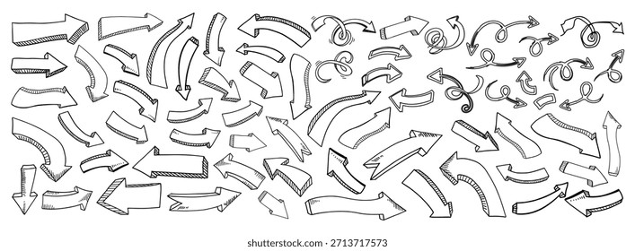 Hand Drawn Arrow Set, Doodle Sketch Arrows Collection, Curved Direction Arrows, Swirl Arrow Icons, Black and White Vector Illustration.