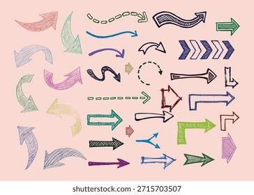 Hand Drawn Arrow Set, Doodle Arrows Collection, Colorful Sketch Arrows, Directional Arrow Icons, Curved, Straight, Loop, Creative Arrow Elements for Design, Infographic and Web UI.