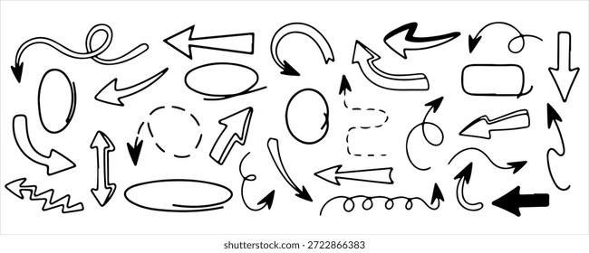 Seta Desenhada à Mão Conjunto com Formas de Rabiscar em Estilo de Esboço, Curvo, Reto, Circular e Direcional Ícones de Ponteiro para Infográfico, Apresentação, UI Design UX, Educação, Notas Manuscritas, Diagrama Criativo e Elementos de Ilustração