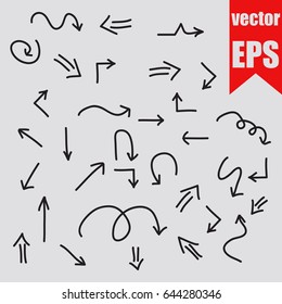 Hand drawn arrow set doodle sketch isolated on grey background.Vector illustration.