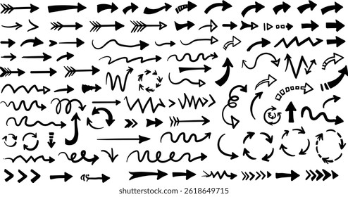 Hand drawn arrow set featuring curved, straight, dotted, and swirled arrows design, arrow 