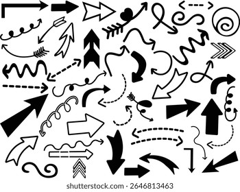 Conjunto de flechas dibujadas a mano con diseño de flechas curvas, rectas, punteadas y arremolinadas, Vector de flecha para diseño creativo, presentaciones, infografías y fines decorativos.