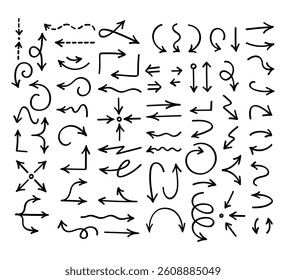 Hand drawn arrow set. Handdrrawn vector arrows. Isolated direction doodle arrow.