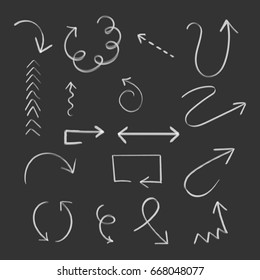 Hand Drawn Arrow Set Icon. Collection Of Pencil Sketch Symbols. Vector Illustration On Black Background.