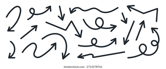 ilustração de conjunto de seta desenhada à mão, direção abstrata e navegação de símbolos de movimento, fluxo, processo e conceito de orientação isolado no fundo branco ilustração de vetor plana.