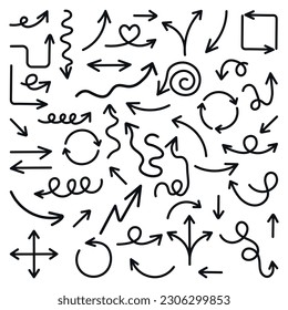 Conjunto de flecha dibujada a mano aislado en fondo blanco. Iconos del vector