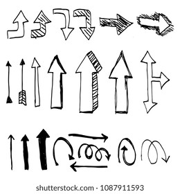 Hand drawn arrow set. Pencil drawing black and white.