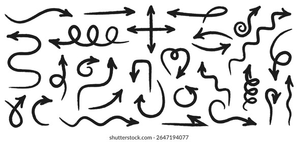 Hand drawn arrow set. Sketch pencil texture line scribble arrow icon. Scribble and texture in rough hand sketch style. Arrow crayon brush doodle chalk line stroke. Chalk brush stroke