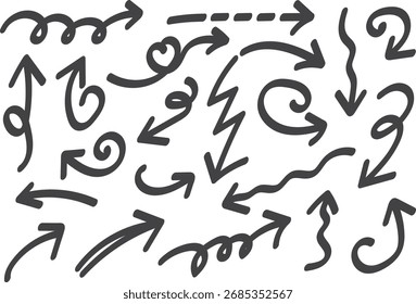 Conjunto de Setas Desenhadas à Mão, Coleção de Ícones de Direção de Estilo de Esboço, Setas Curvas, Onduladas e em Ziguezague, Símbolos de Rabisco de Marcador Grunge, Navegação Abstrata e Elementos de Guia para Design Criativo
