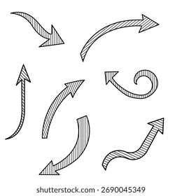 Hand Drawn Arrow Set Sketch Style Directional Arrows Collection with Curved, Spiral, and Straight Shapes, Black Line Doodle Arrows for Infographic, Business Presentation, and Design Elements