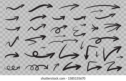 Hand drawn arrow set. Sketched arrows isolated on transparent background. Doodle drawing