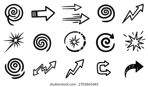 Hand drawn arrow set spiral lightning bolt speed arrows stars abstract dynamic direction symbols