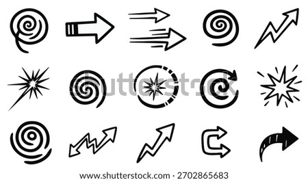 Hand drawn arrow set spiral lightning bolt speed arrows stars abstract dynamic direction symbols