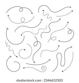 Conjunto de flecha dibujada a mano. Indicadores de contorno delgados para la impresión o la interfaz digital. Colección de ilustraciones vectoriales lineales Doodle aisladas en fondo blanco