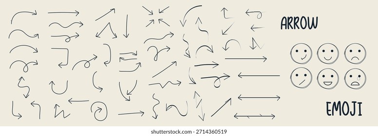 Handgezeichneter Pfeil mit verschiedenen Richtungen, Kurven und Stilen, kombiniert mit einfachen Emoji-Flächen. Doodle-Skizze, Vektorgrafik