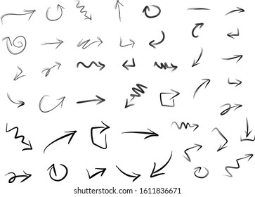 Hand drawn arrow set, vector illustration graphic design elements, collection of black direction pencil sketch symbols, 