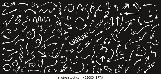 Hand drawn arrow set. arrow vector icons set ,sketch arrow design, vector curved arrows hand drawn, Sketch doodle style. Collection of pointers. Hand drawn arrows set on a black background