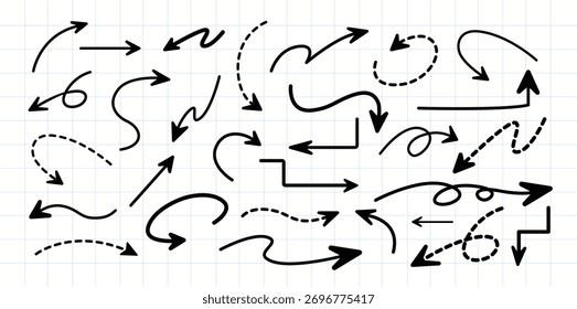 Conjunto de Setas Desenhadas à Mão Vol 1 Doodle Vetor de Setas Curvas e Retas