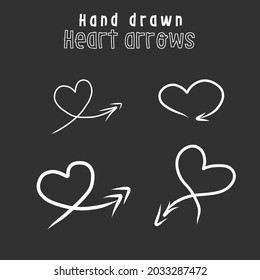 Hand drawn arrow in silhouette of heart set. Stock Vector illustration isolated on white background.