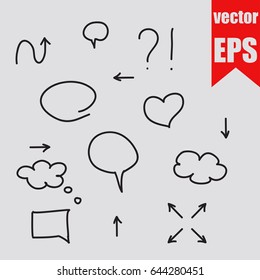 Hand drawn arrow and speech bubble set doodle sketch isolated on grey background.Vector illustration.
