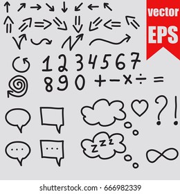 Hand drawn arrow speech bubble and numbers set doodle sketch isolated on grey background.Vector illustration.