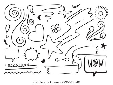 hand drawn arrow, star, speech bubble, heart,light, emphasis, swirl,for concept design.