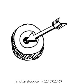 Hand Drawn arrow in the target doodle. Sketch style icon. Decoration element. Isolated on white background. Flat design. Vector illustration.