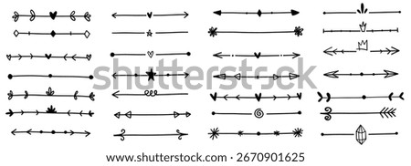 Hand drawn arrow text divider fancy grunge style. Graffiti minimalistic ornament underline strokes decoration for journal, diary scrapbooking.