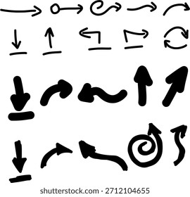 Colección de Vector de flecha dibujada a mano. Conjunto de punteros de dirección de boceto de marcador áspero y flechas curvas. Aislado sobre fondo blanco.