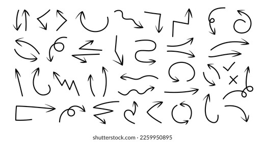 Conjunto de iconos de vector de flecha dibujada a mano. Esbozo de flecha de diferentes formas y direcciones. Líneas del mismo espesor, Ilustración del icono del vector