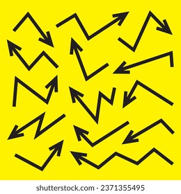Hand drawn arrow vector icon set. arrow design sketch on yellow background.
