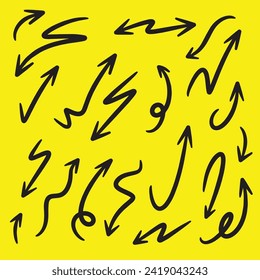 Hand drawn arrow vector icon set. arrow design sketch on yellow background.