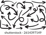 Hand drawn arrow vector icons set. Sketch arrow design for business plan and education. Set of arrows black icons. Circle arrows, rotate arrow, redo process symbol with vector file