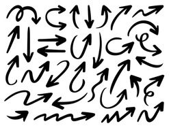 Hand drawn arrow vector icons set. Sketch arrow design for business plan and education. Set of arrows black icons. Circle arrows, rotate arrow, redo process symbol.