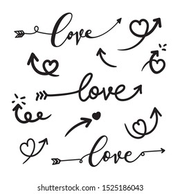 Hand drawn arrow vector icons set. love arrow sign, valentine icon collection.
