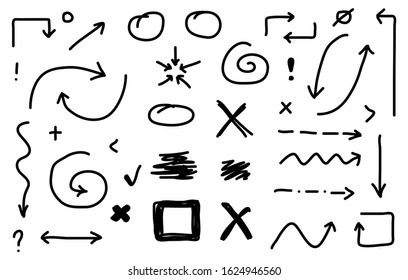 Hand drawn arrow vector icons set. collection of black direction brush symbols, vector illustration graphic design elements. marks Question, exclamations, stop, more, less, target. Best for Map design
