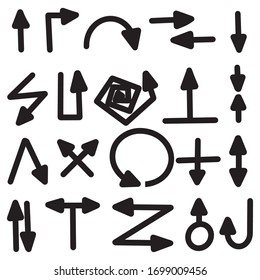 Conjunto de iconos vectoriales de flecha dibujada a mano. esbozar el diseño de flecha para el plan de negocios y la educación.