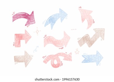 Hand drawn arrow vector icons set in water color texture. sketch  brush arrow design for business plan and education.