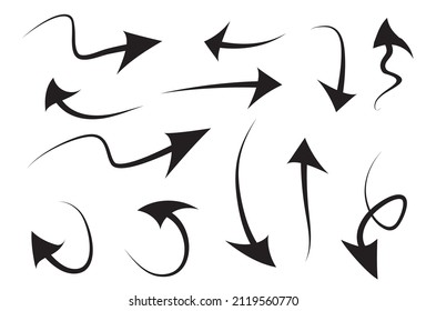 Conjunto de iconos vectoriales de flecha dibujada a mano. esbozar el diseño de flecha para el plan de negocios y la educación.