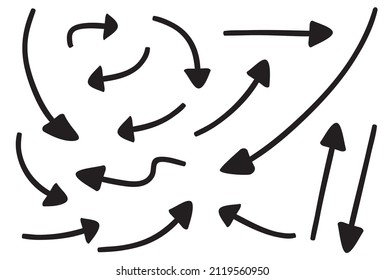 Conjunto de iconos vectoriales de flecha dibujada a mano. esbozar el diseño de flecha para el plan de negocios y la educación.