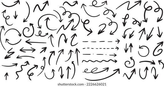 Hand drawn arrow vector icons set Set of different pointers. Abstract indicators. Black and white illustration