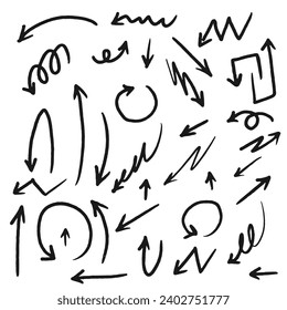 Hand drawn arrow vector icons set. Sketch arrow design for business, education, notes. Vector illustration