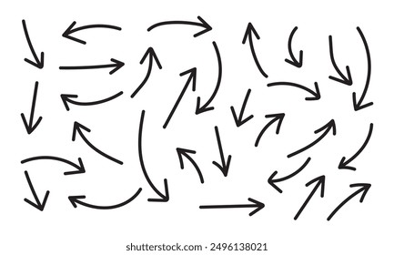 Handgezeichnete Pfeilvektorsymbole. Skizze Pfeildesign für Business Plan und Bildung. Doodle wischen Symbol-Zeichen einzeln auf weißem Hintergrund.